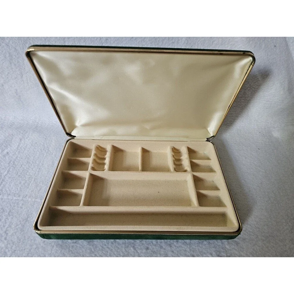 Vintage Green Velvet Jewelry Box Gold Tone Trim Ring Earring Trinket Storage